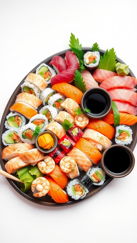 A colorful sushi platter featuring salmon rolls, shrimp nigiri, and vegetable maki, garnished with herbs and sauces.